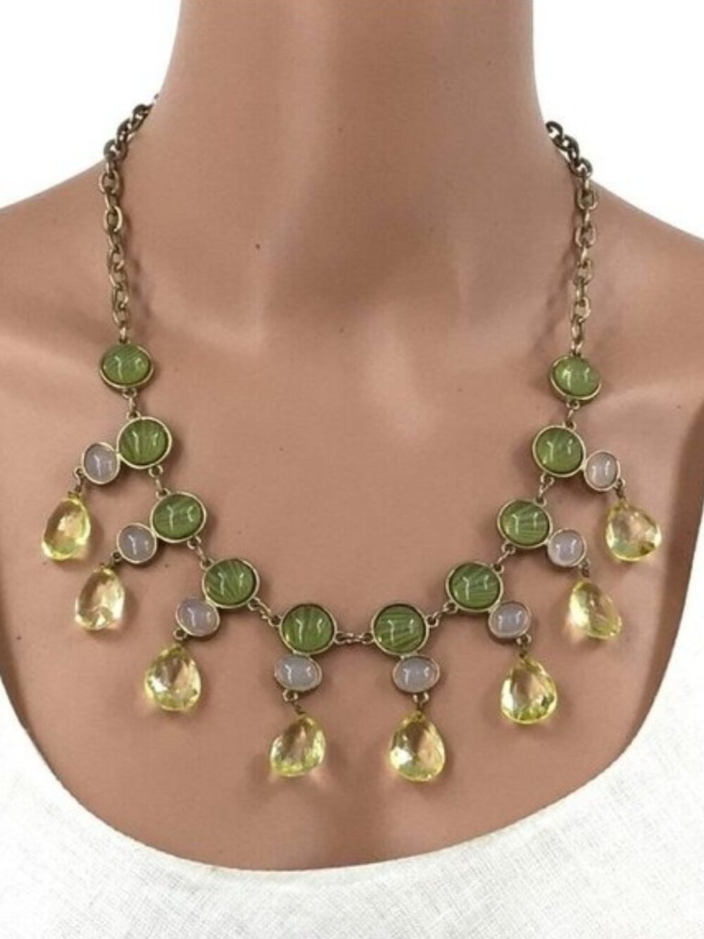 Vintage Talbots Statement Necklace Gold Tone Green Pink Beaded Womens Jewelry